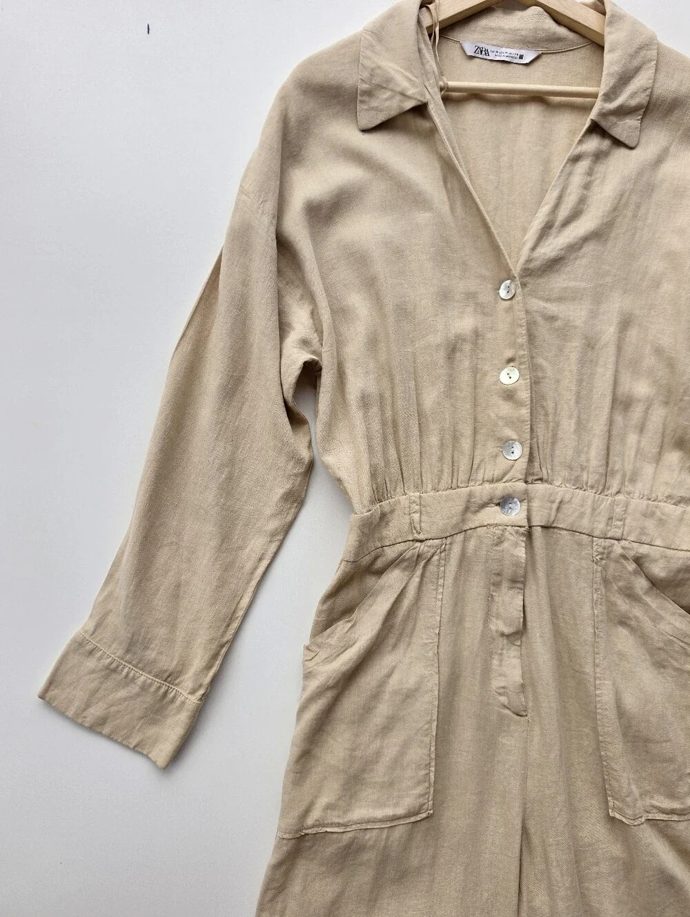 Zara Beige Linen Blend Button Front Collared Wide Leg Jumpsuit